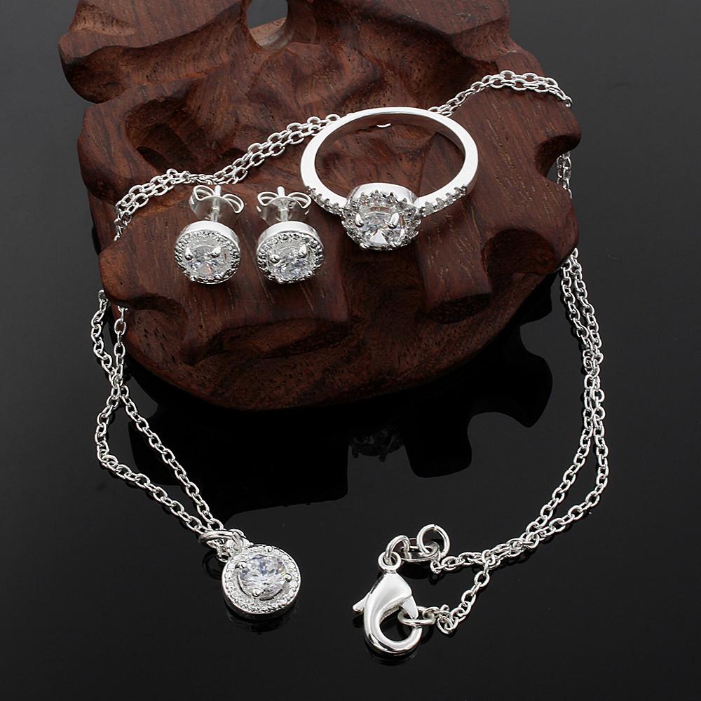 925 Silver Cute Solid Christmas Gift Noble Fashion Elegant Women Shiny Crystal Cz Necklace Earring Ring Jewelry Set