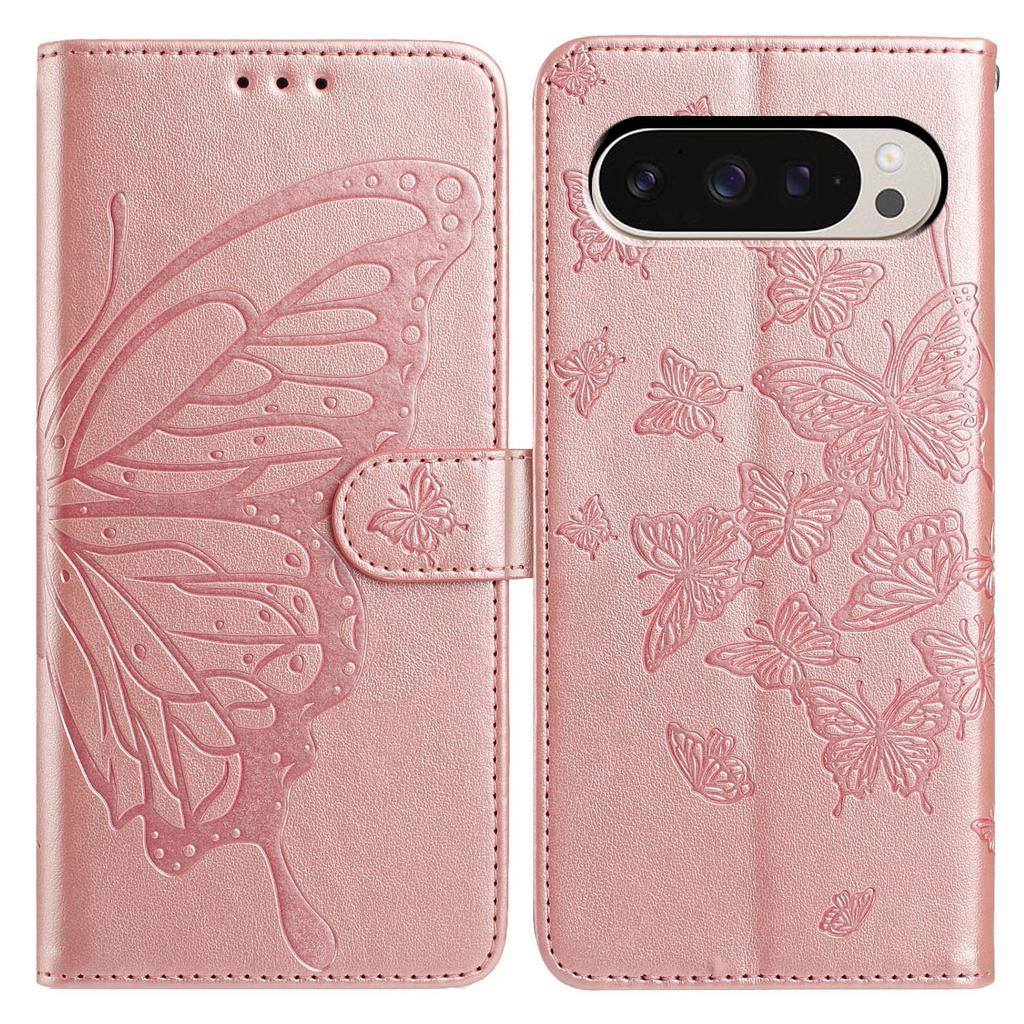 Wallet Ständer Hülle für Google Pixel 9/9 Pro/10 Pro PU-Leder Flip Handyhülle mit Schmetterlingsaufdruck und Trageband