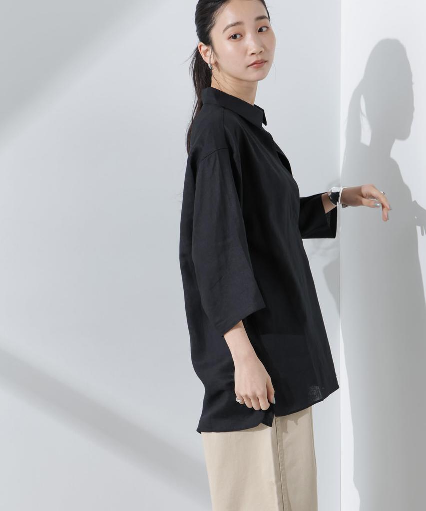 Nano Universe Linen Pullover Size F Women's Anti-Smell V-Neck Shirt, Black, 010, 673-5121301