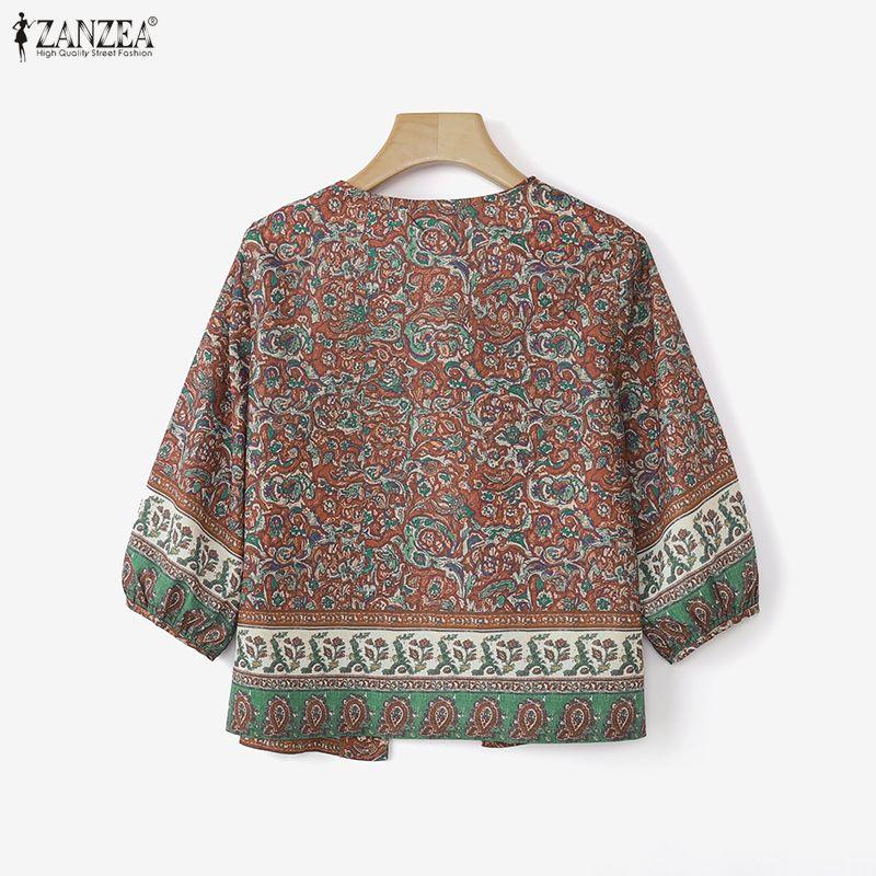 ZANZEA Boho-Print Damen Lässig Offen Vorne 3/4 Ärmel Locker Überwurf Bluse