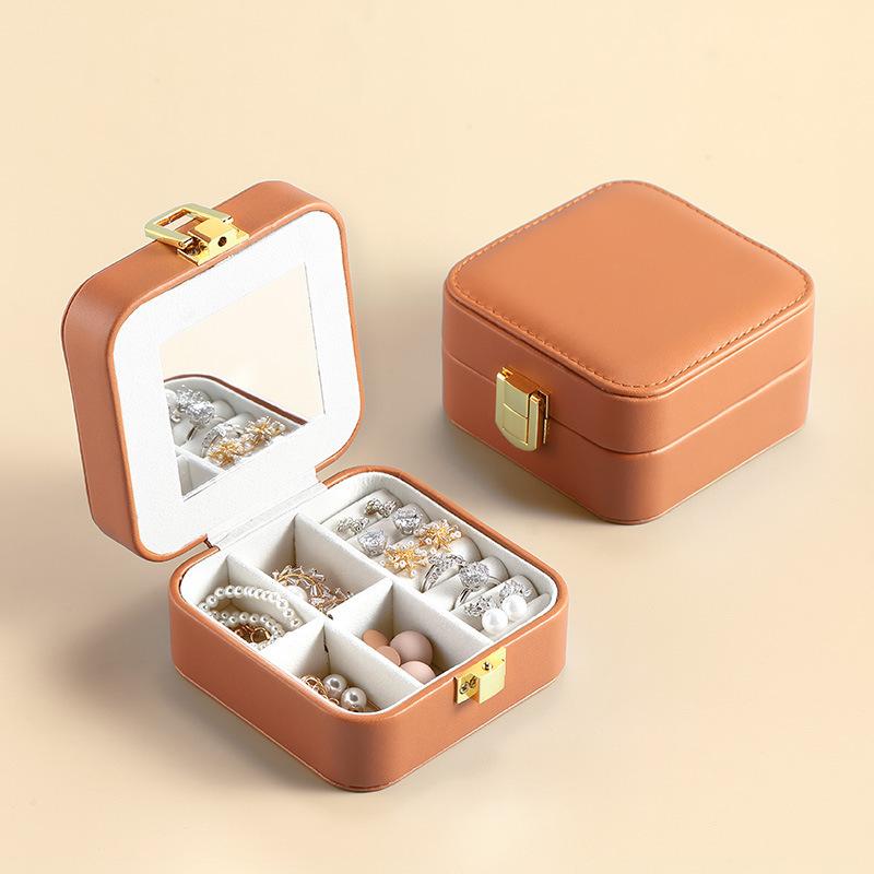 Mini Travel Jewelry Box Pu Leather Premium Sense Built-in Mirror Necklace Ring Earrings Portable Jewelry Box Organizer