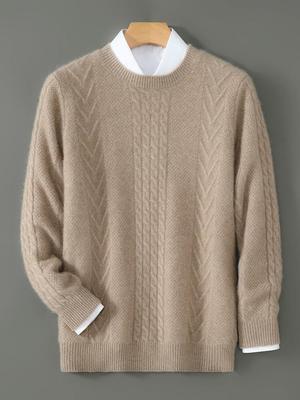 Men's 100% Wool Thick Knit Round Neck Pullover Sweater