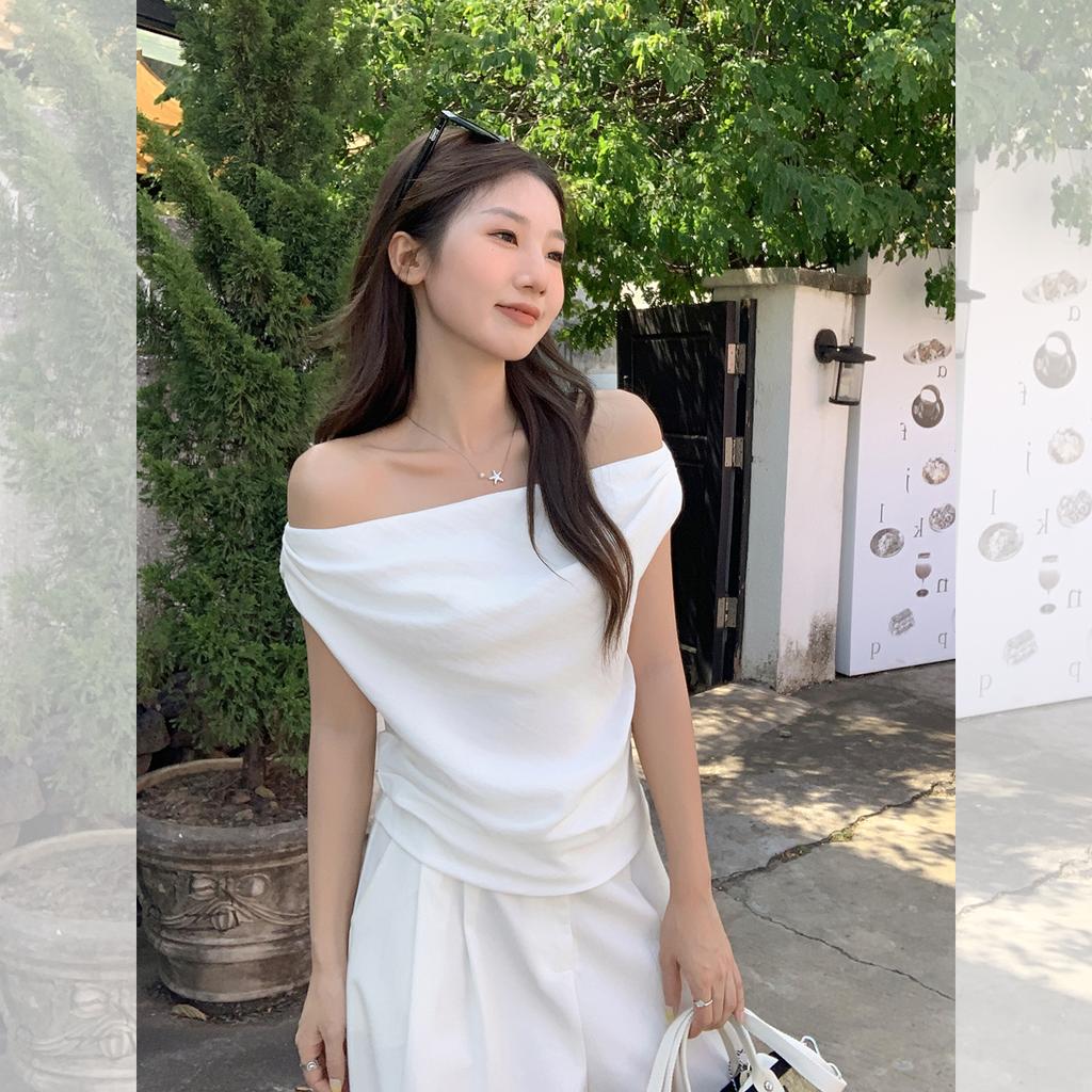 White irregular one-word off-the-shoulder short-sleeved T-shirt for women's summer super good-looking ootd slim-fitting diagonal shoulder top