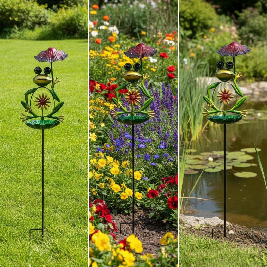 Frog Garden Stake Whimsical Metal with Foliage Base Outdoor Yard Art for Gardeners,