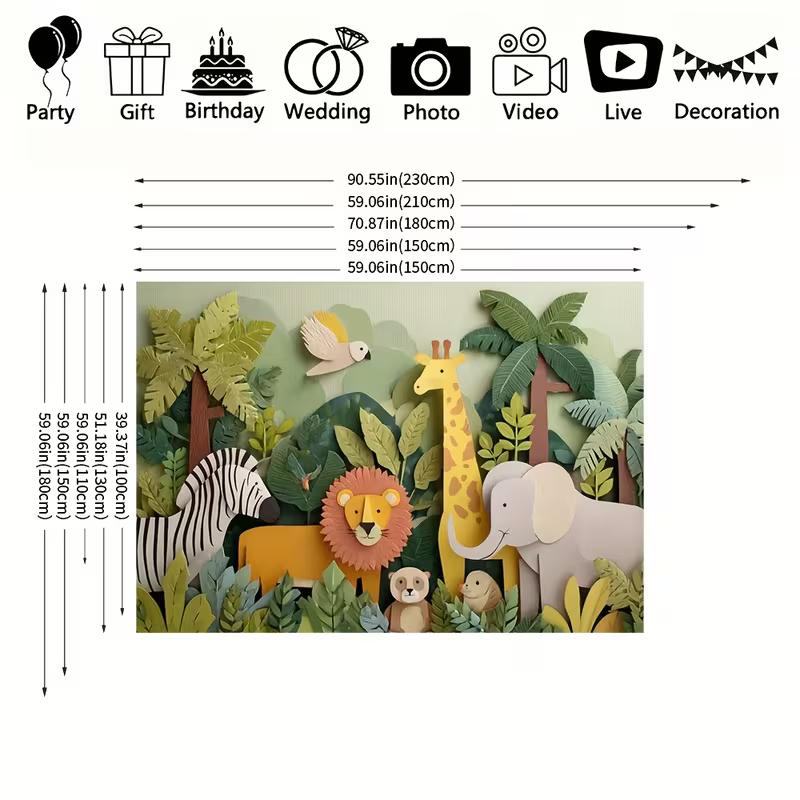 2D Kids Jungle Animals Backdrop, Paper Art Safari Photography Background