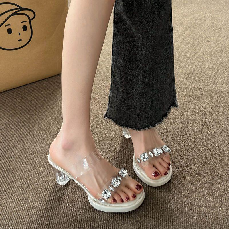 

Women s Slippers and Ladies Sandals Heeled Summer 2024 Crystals Slides Clear Rhenstone Off White Shoes Jewels Transparent Luxury 34