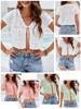 Women Crop Cardigan V Neck Short Sleeves Hollow Out Scalloped Knitted Short Casual Tops