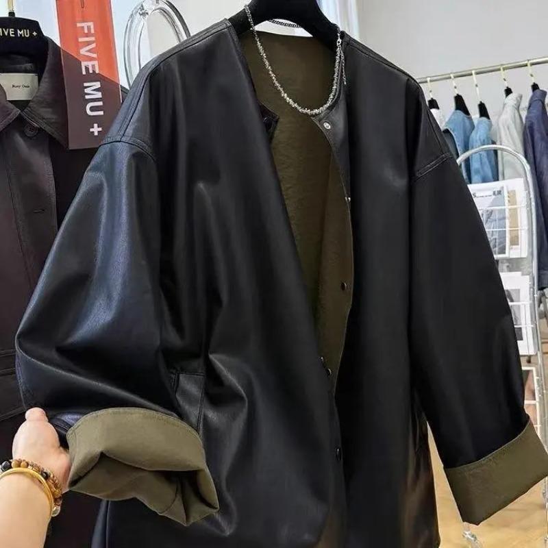 Ledermäntel für Damen PU-Jacke Wendbare Windjacke Locker Lässig Schwarze Jacke Top
