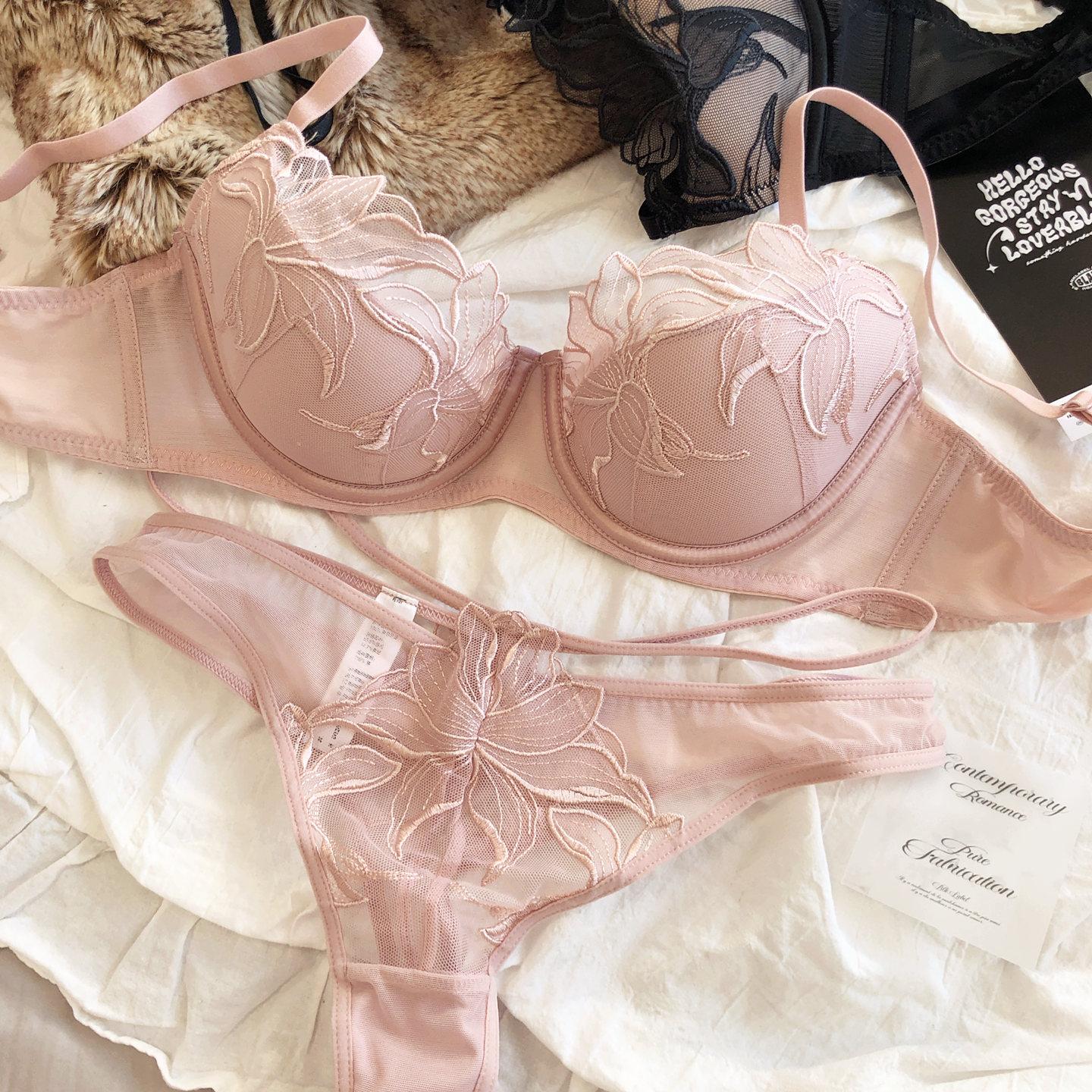 

Сексуальна жіноча мереживна вишивка квітами нижня білизна французький тонкий бюстгальтер пуш-ап комплект порожнистий спокуса пояс-бандаж стрінги комплект білизни 90d рожевий