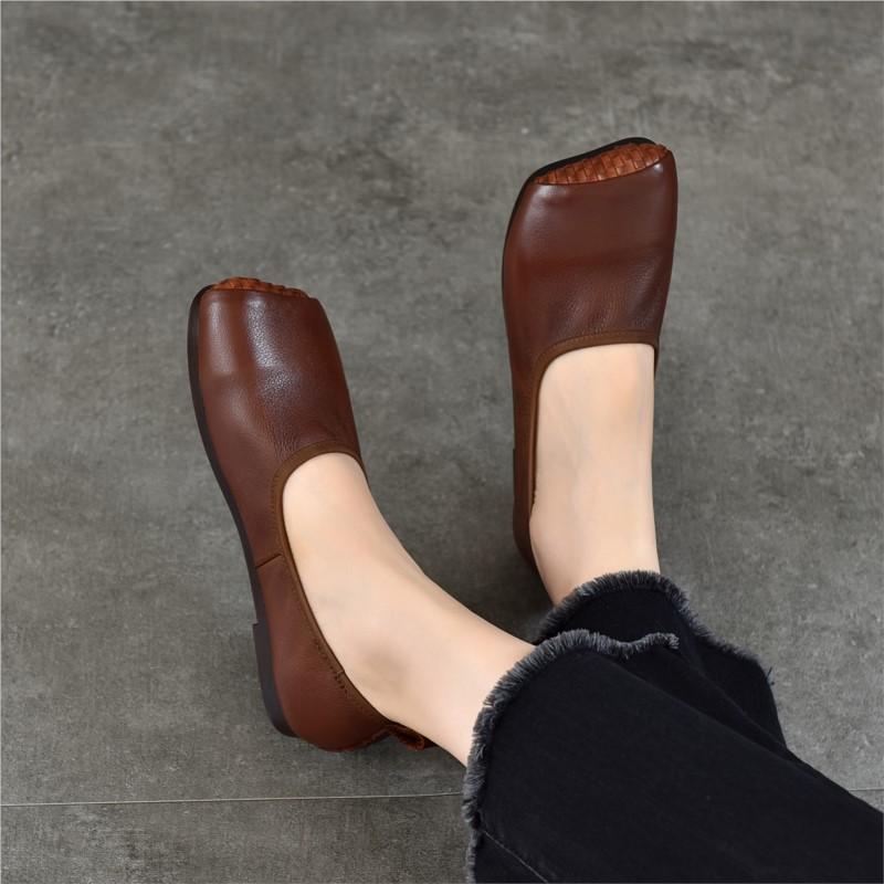 Johnature Retro Flache Schuhe mit weicher Sohle Eckige Spitze Echtes Leder Vielseitige Damen Slipper