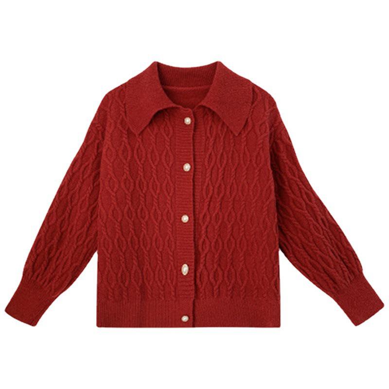 

Женский однобортный вязаный кардиган на осень/зиму 2025 - Однотонный, отложной воротник, европейский и американский стиль Large