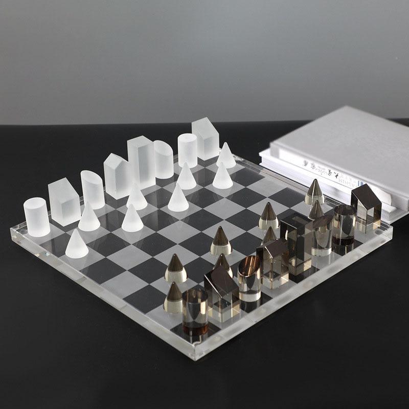 Glass Craft Geometric Crystal Chessboard Chess Transparent Square Tartan Grid King Queen Decorative Figurines Home Decoration