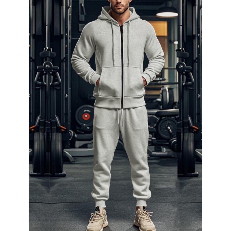Men's Solid Color Plus Velvet Hooded Sports Set - Zipper Long Sleeve, Warm for Autumn/Winter