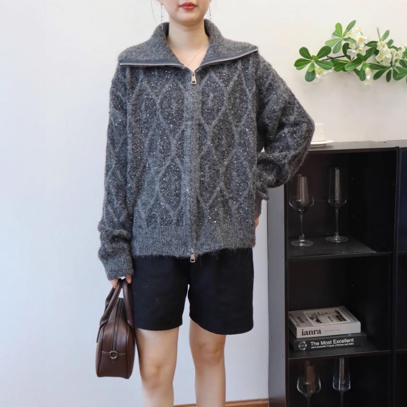 Autumn and winter new double zipper sequined high-end knitted cardigan loose casual versatile sweater jacket women