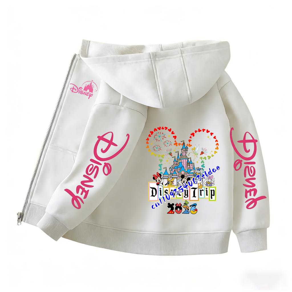 2026 Family Trip Kids Zip Up Hoodie Cute Cartoon Mouse & Friends Graphic Casual Hooded Jacket
