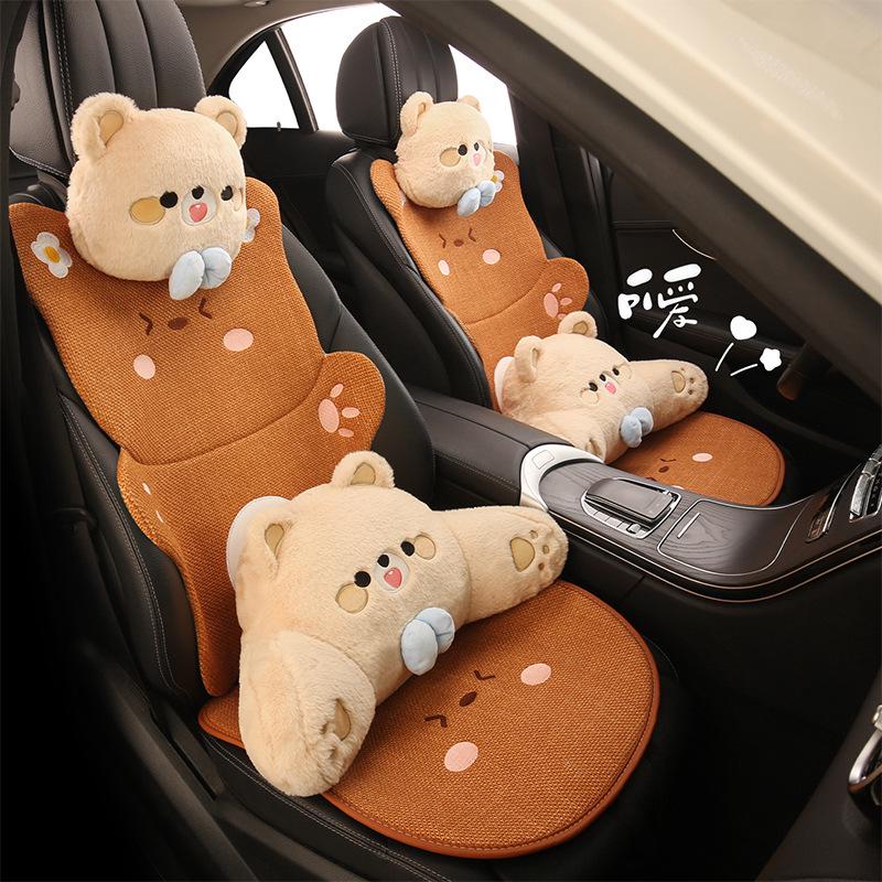 Universal Car Seat Cushion - Cute Cartoon Bear Design for Leapmotor C10/B01/B10/C11, Cotton Linen Fabric for All Seasons