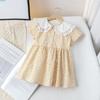 Girls Summer Cotton Floral Princess Dress With Lace Collar Short Sleeve Midi Length Baby Girl Cute Casual Dress