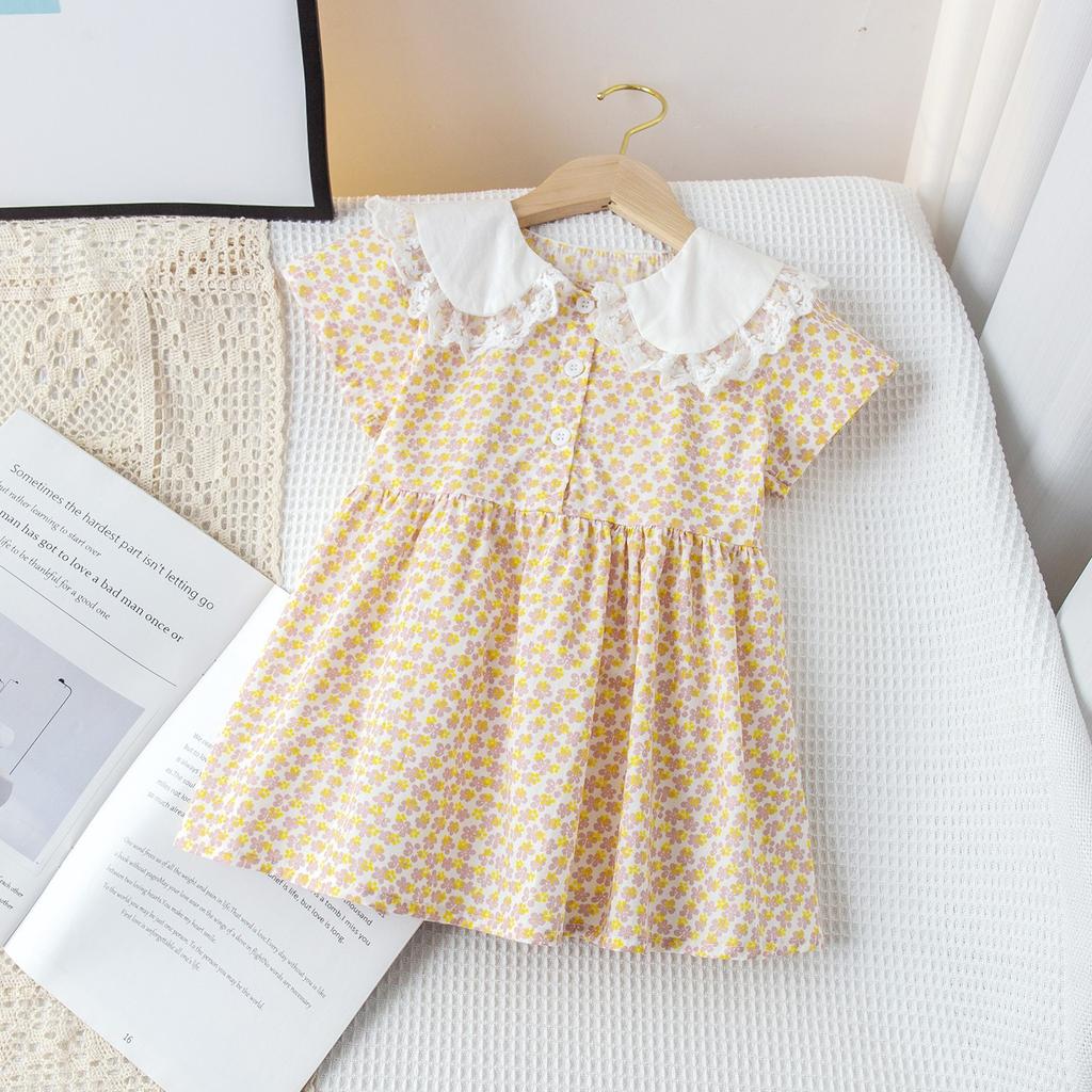 Girls Summer Cotton Floral Princess Dress With Lace Collar Short Sleeve Midi Length Baby Girl Cute Casual Dress
