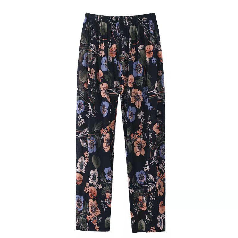 Pantaloni largi din mătase de gheață de vară pentru femei, cu imprimeu floral, pantaloni tăiați ocazional, elastici cu talie înaltă, de dimensiuni mari