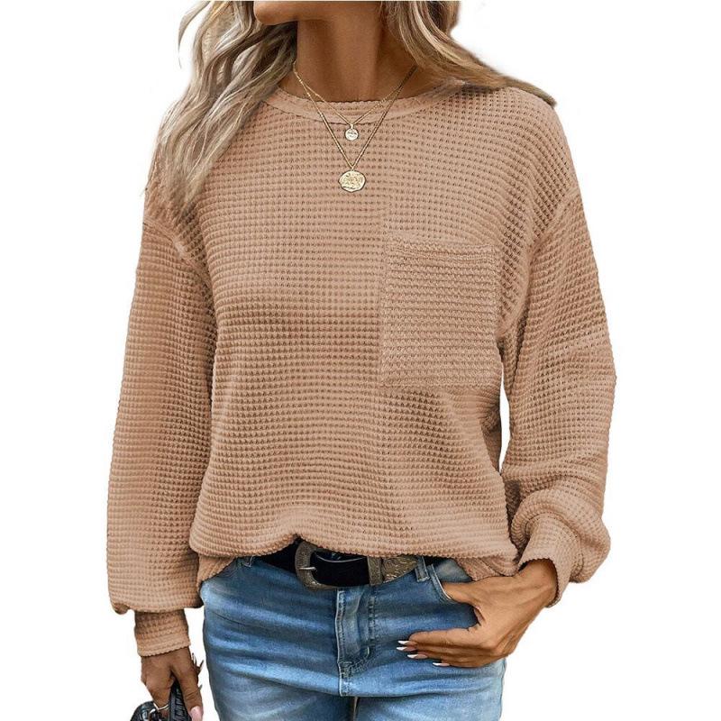2026 Waffle Knit Round Neck Pocket Casual Loose T-shirt - TikTok Trendy