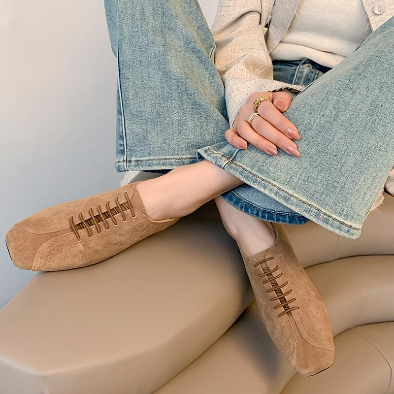 Fashion 2025 Spring Summer New Women Low Heel Square Toe Basic Casual Working Comfortable Flats Soft Genuine Leather Shoes Woman Concise