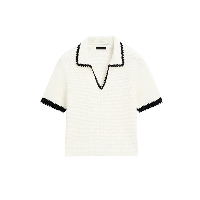 MD New Women's Clothing Classic Style Elegant Lady Creamy-white Crocheted Polo Collar Short Sleeve Knitwear 5731683