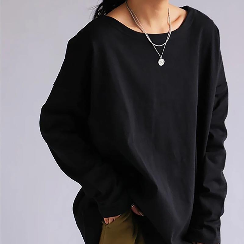 Autumn Minimalist Mid Length Long Sleeved T-shirt for Women Loose Casual Round Neck Pullover Solid Color Base Shirt T-Shirts Women’s