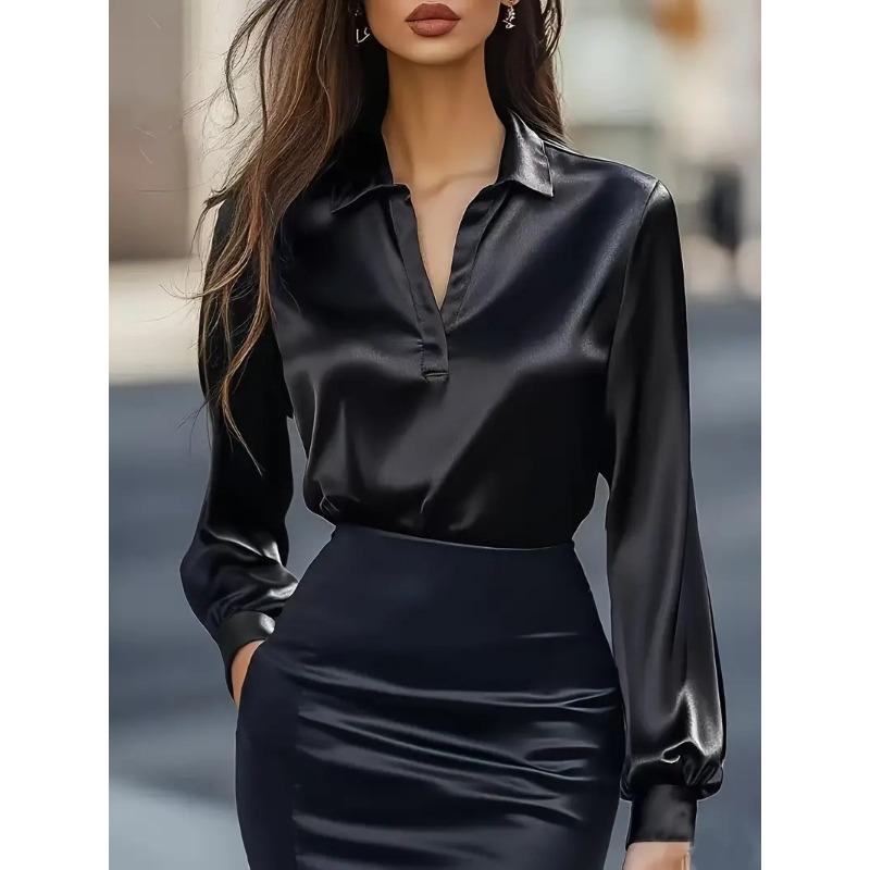 New Autumn Fashion Commuting Satin V-Neck Long Sleeve Shirt Women's Clothing
