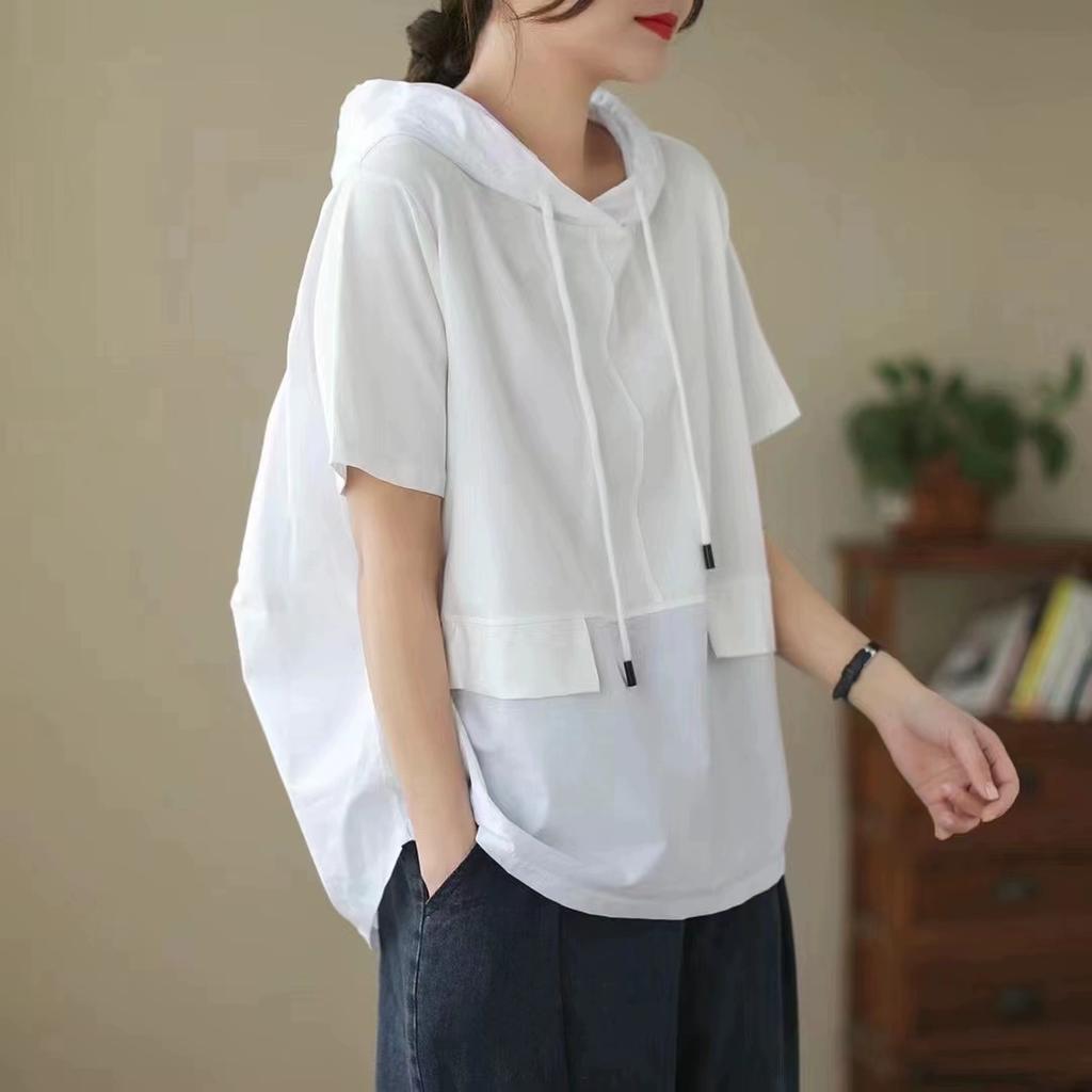 Dimanaf 2025 Summer T-shirt Hoodies Sweatshirts Pullovers Patchwork Tops Women Loose Casual Yellow Solid Cotton