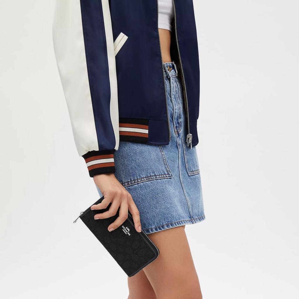 Coach Long Zip Around Wallet In Signature Jacquard Silver Black