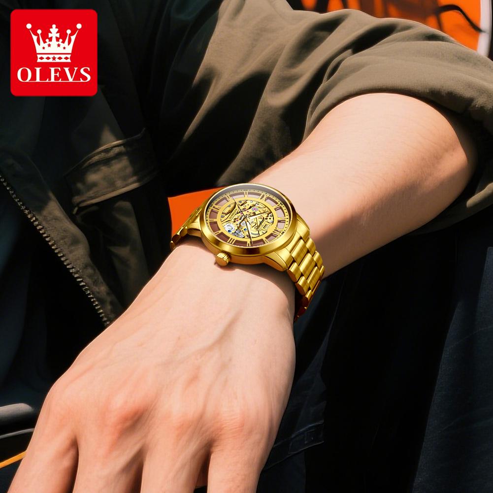 OLEVS 6728 Hollow Men's Watches Fashion Stainless Steel Automatic Mechanical Watches for Men Waterproof Luminous Man Wristwatch