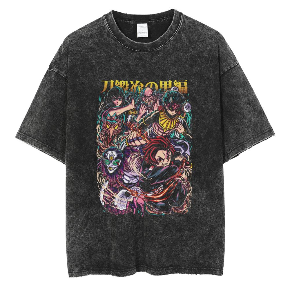 Anime Demon Slayer Tanjirou Nezuko Zenitsu Inosuke Cute Graphic Tshirt Men Women Washed Cotton T-shirts Harajuku Male Manga Tops
