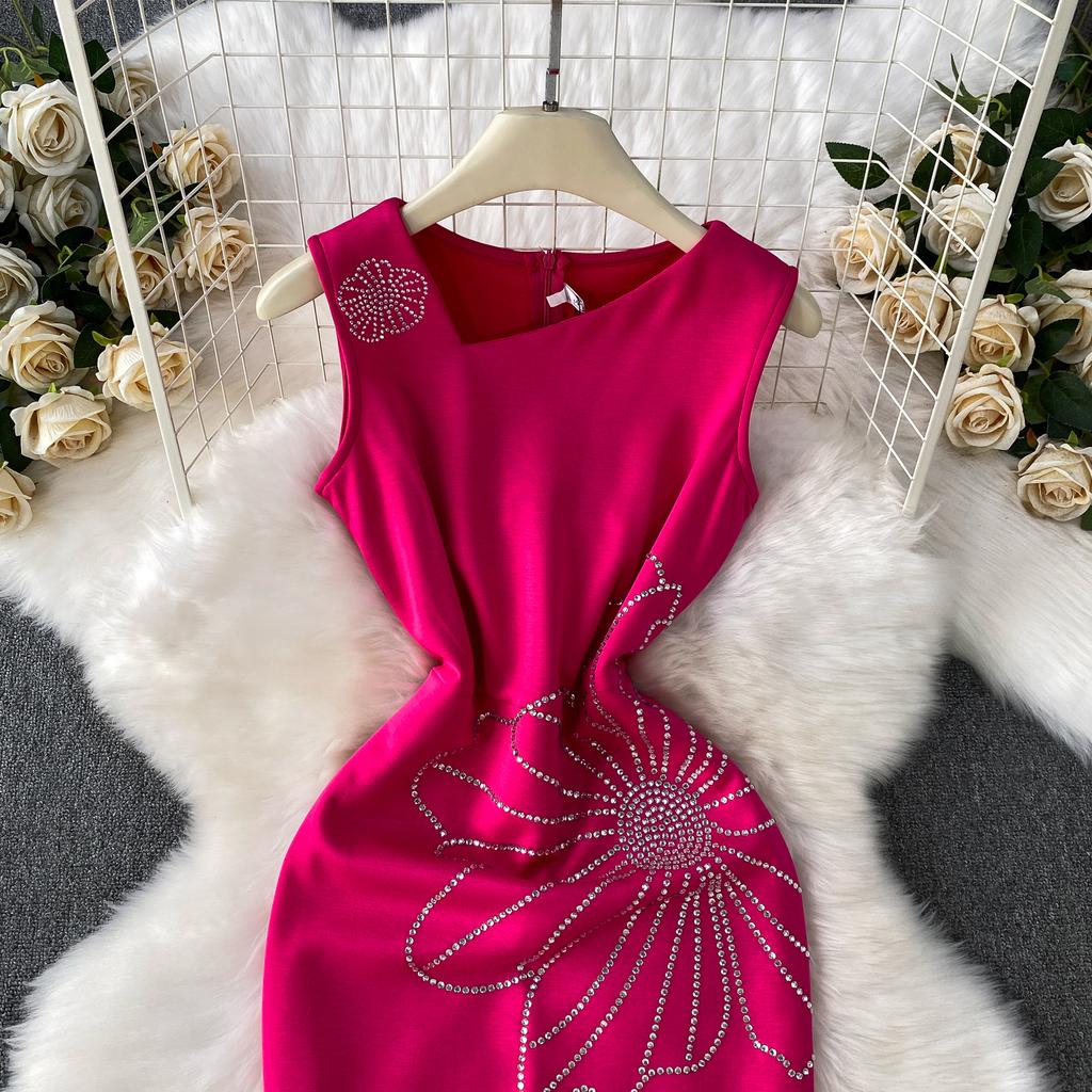 Dinner Party Dress Women's Summer High Sense Hot Diamond Flower V-Neck Sleeveless Slim Skinny Split Dress