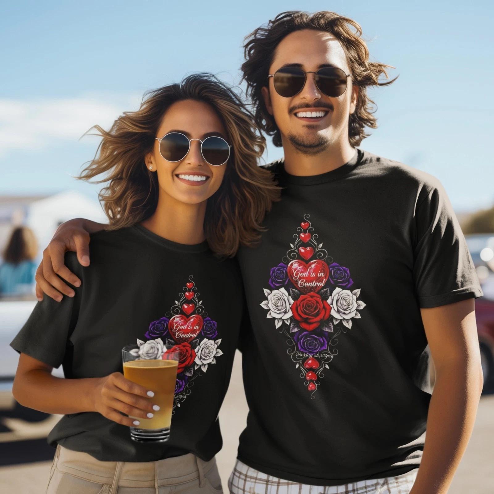 Valentine Christian Love Shirt Heart Cross God Is in Control Romantic Faith Tee S