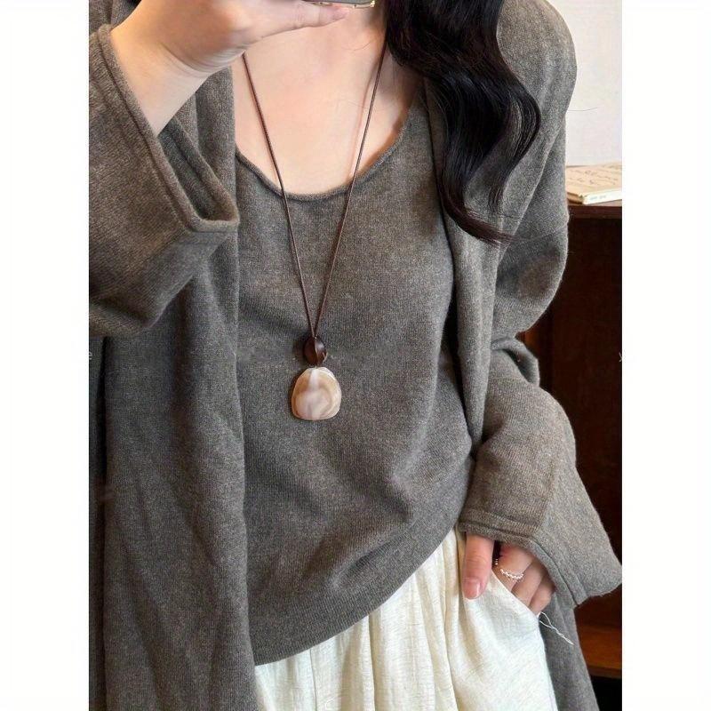 Style Lazy Pendant Long Necklace with Leather Cord, Vintage Versatile Layered Sweater Chain for Women'S Additions