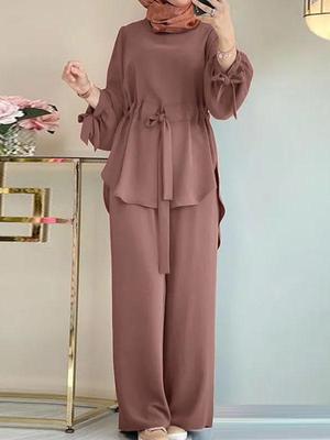 H730 Women's Solid Color Two-Piece Set: Round Neck Top & Wide-Leg Pants Suit
