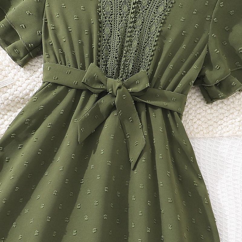 Girls' Casual Dress for Summer - Elegant Short-sleeved Lace V-neck Dress for Children