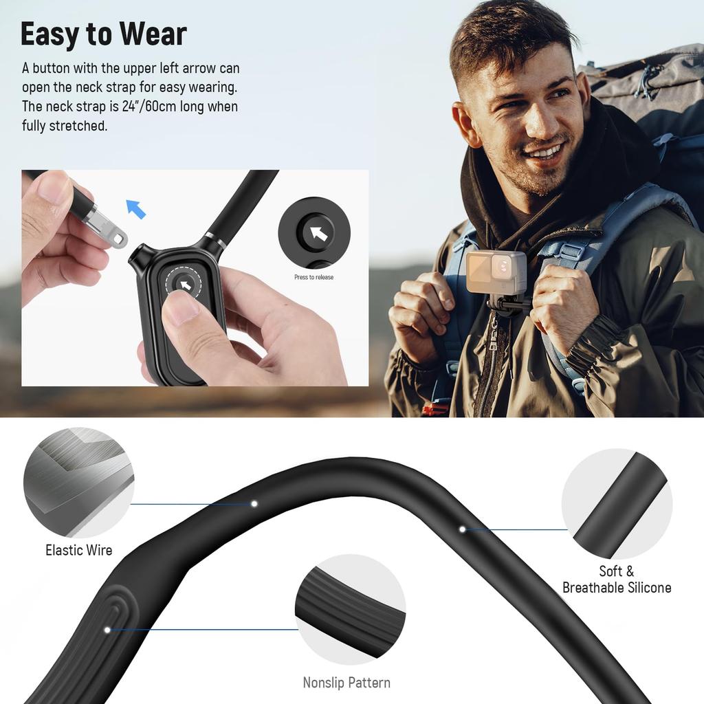 Magnetic Neck Mount for Action Cameras - Compatible with Hero 13/12/11, Osmo Action 5 Pro, Insta360, iPhone, Quick Release Adjustable POV Mount