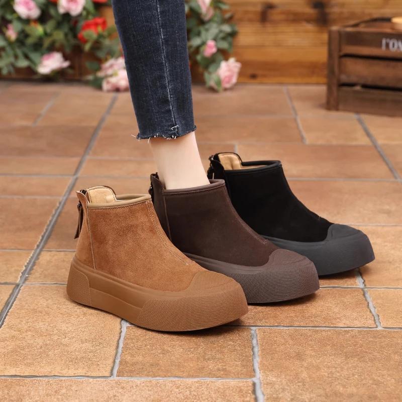 Ladies Shoes New Slip On Women's Flats Winter Round Toe Plush Fleece for Warmth Solid Short Barrel Platform Boots Botas De Mujer