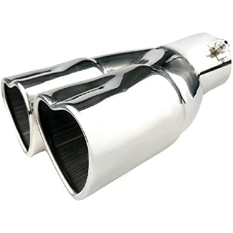2.5 Inch Inlet Dual Exhaust Tips Muffler Tip,Chrome Heart-Shaped Exhaust Tip,Universal Bolt-On Double Tube Exhaust Muffler (Silver,Curved)