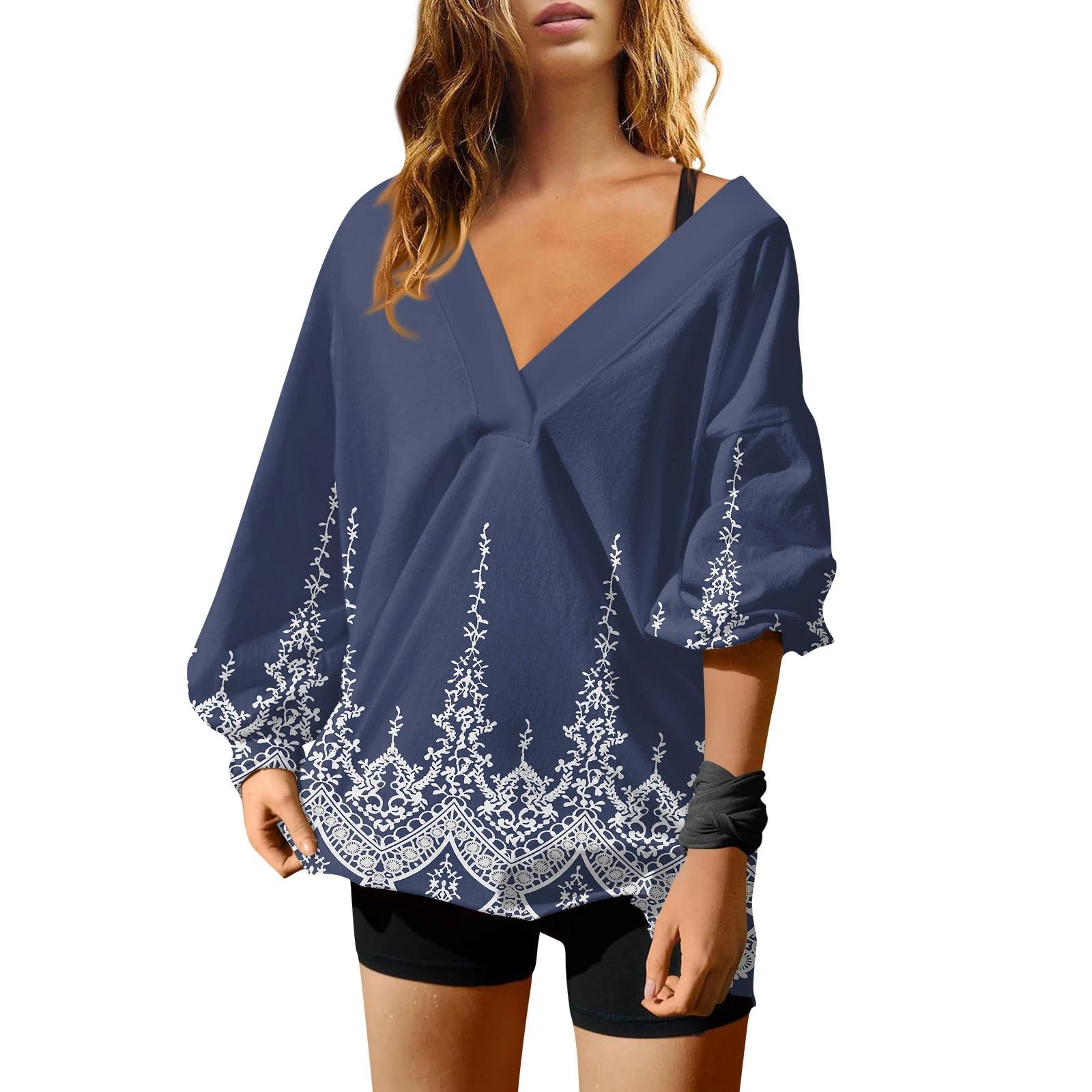 Женская мода V-образный вырез длинный рукав принтованный свободный пуловер свитшот топ — фото 9