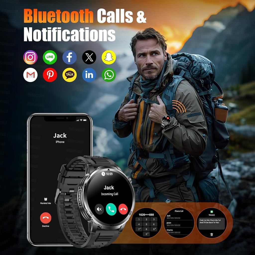 New Outdoor Military 1.85-inch AMOLED Smart Watch Fitness Clock Men 1000mAh Battery 10ATM Waterproof HD Call Bracelet Men