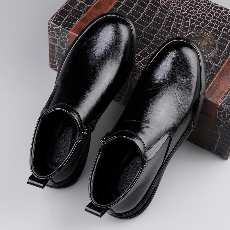 Classic Men Genuine Leather Ankle Boots Fashion Handmade Casual Walking Shoe Slip on Antiskid Driving Shoes Warm Plush Fur Boots