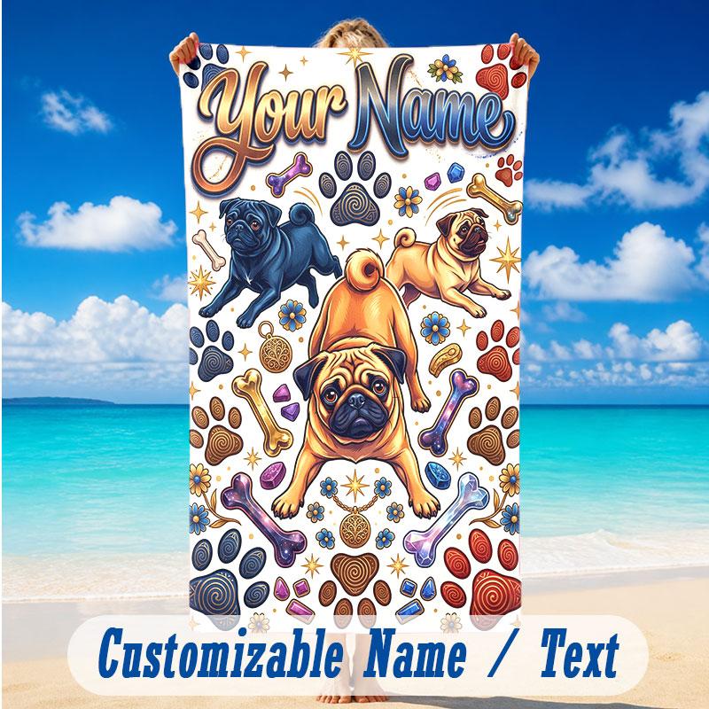 Dog Theme Beach Towel Personalized Custom Name & Text Soft Quick Dry Beach Towel for Swimming Travel