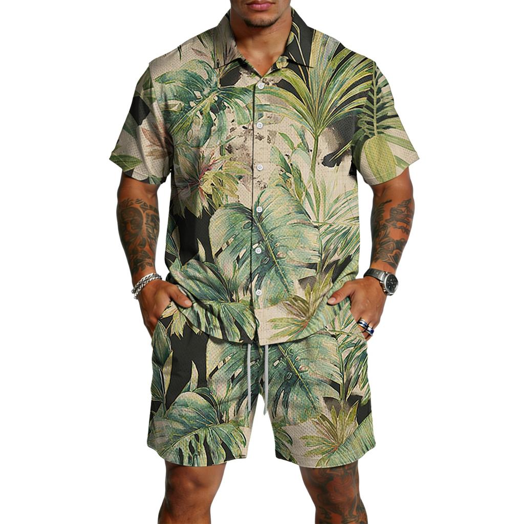 Conjunto casual de dos piezas para hombre con estampado, top ligero y transpirable con pantalones cortos de cordón