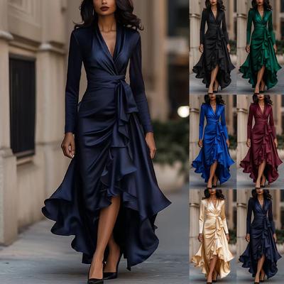 Abendkleid Damen Langarm V-Ausschnitt Hohe Taille Schlanke Passform Rüschen Einfarbig Elegant Mode Party Frühling Herbst Kleid