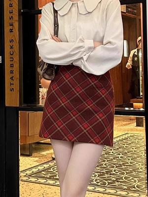 Women's High Waist Retro Plaid Wool A-Line Skirt - Slim Fit, Autumn/Winter 2024