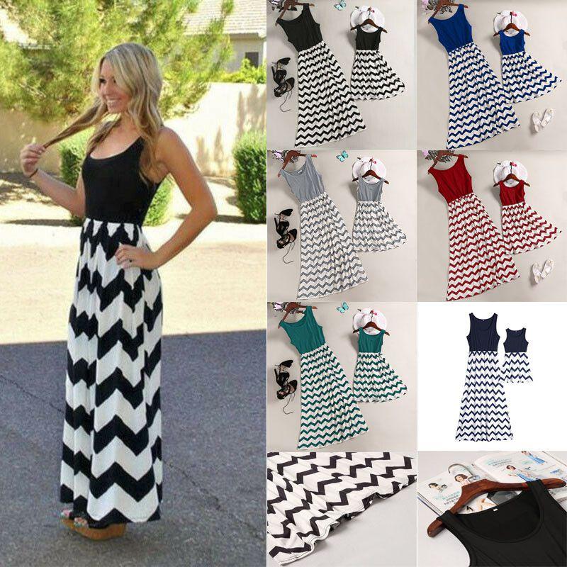 Elegant Mother And Daughter Fashion Casual Boho Stripe Maxi Matching Dress Set