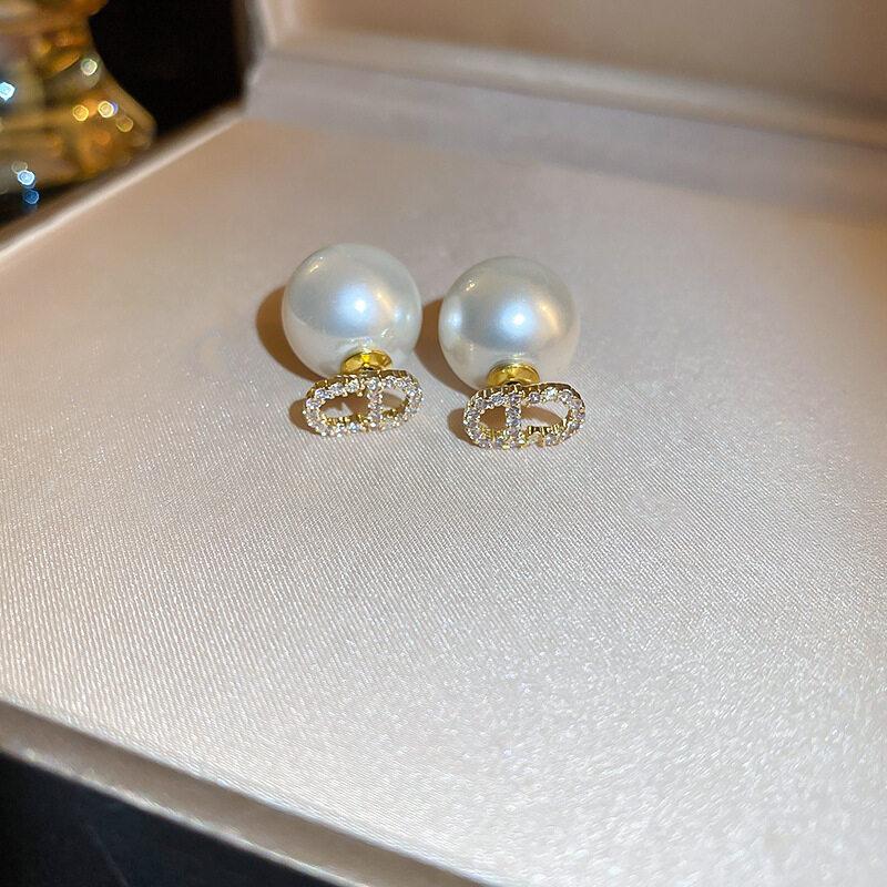 Faux Pearl Two-sided Shell Zircon Earring Elegant Fashion Women Shiny Crystal Imitation Pearl Handmade Earrings Party Jewelry Gift