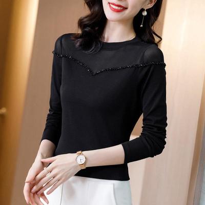 2023 Autumn Women's Mesh Rhinestone Long Sleeve Slimming Fashion Shirt